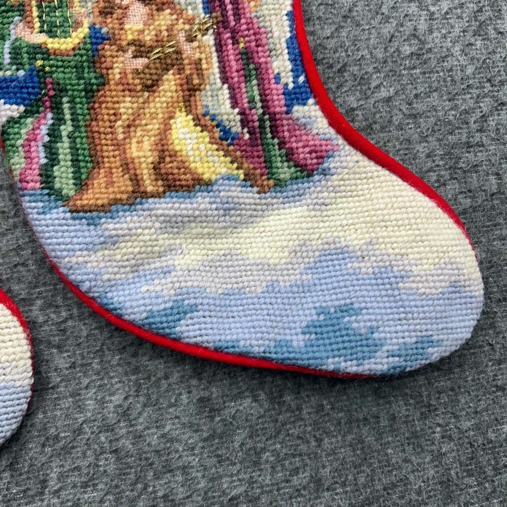 Vintage Christmas Needlepoint Angel Stockings Lined Inside Velvet Backing Set